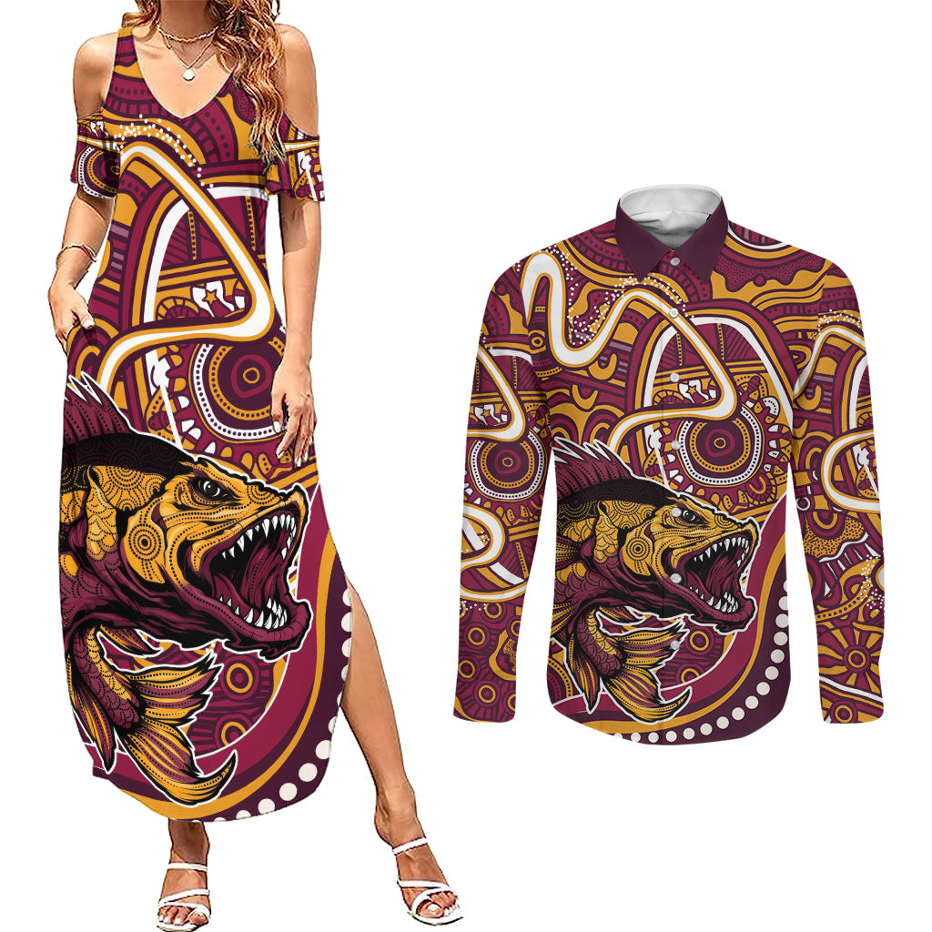 Aboriginal Barramundi Fishing Fear What Lurks Below Couples Matching Summer Maxi Dress and Long Sleeve Button Shirt Indigenous Australian Dot Predatory Fish