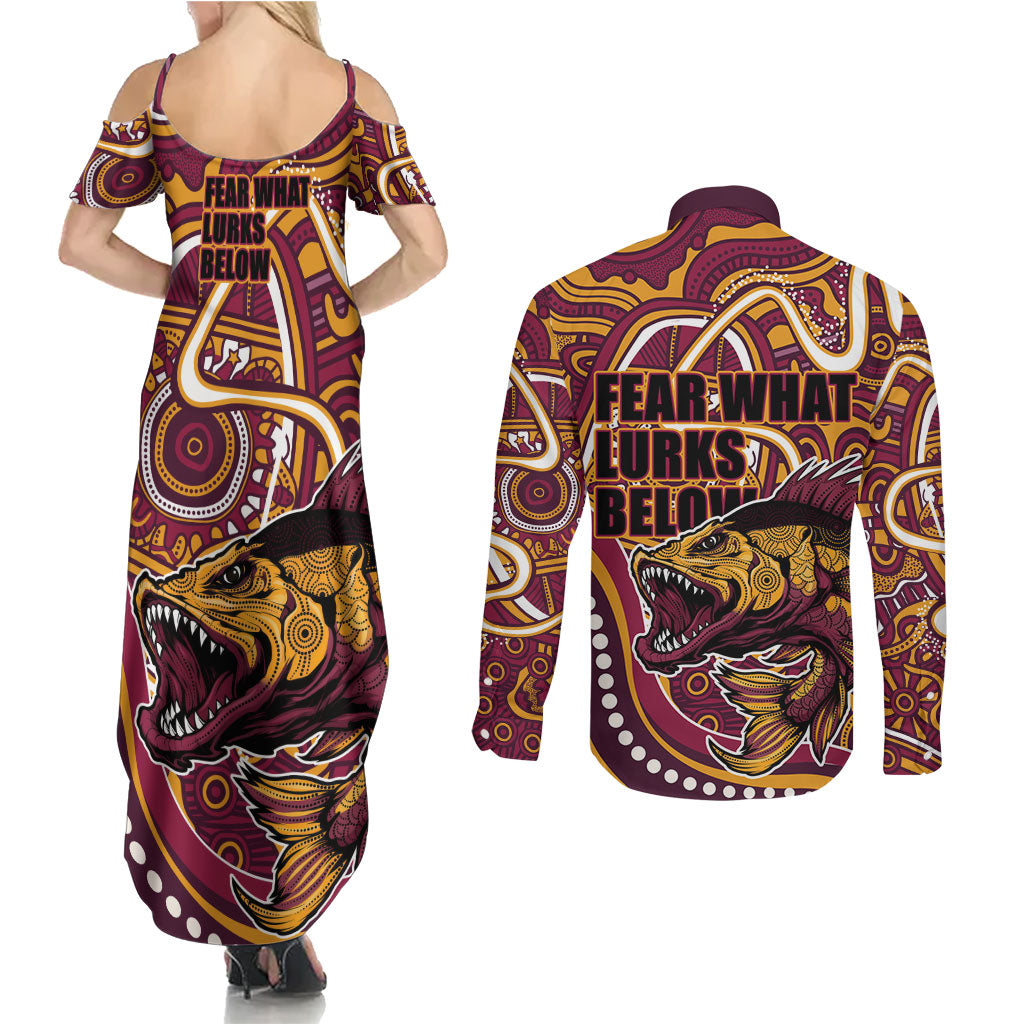 Aboriginal Barramundi Fishing Fear What Lurks Below Couples Matching Summer Maxi Dress and Long Sleeve Button Shirt Indigenous Australian Dot Predatory Fish