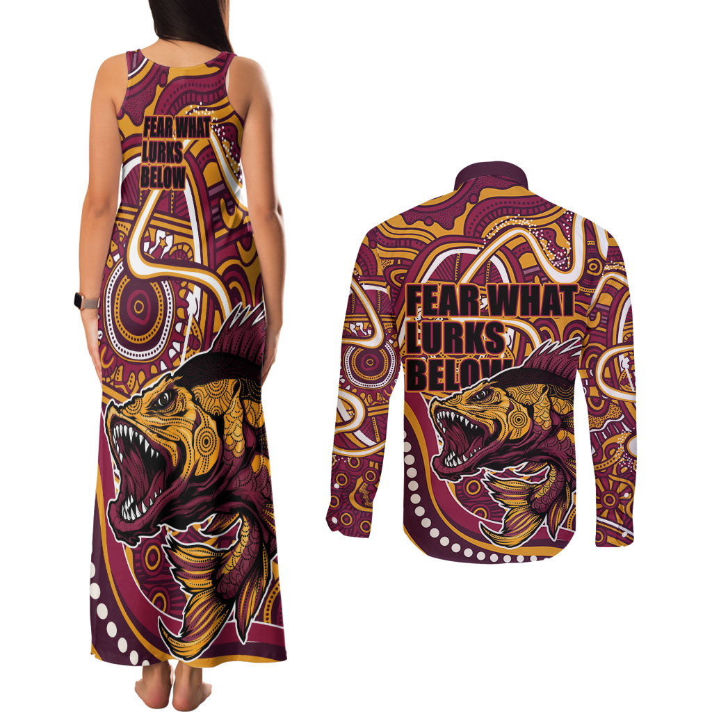 Aboriginal Barramundi Fishing Fear What Lurks Below Couples Matching Tank Maxi Dress and Long Sleeve Button Shirt Indigenous Australian Dot Predatory Fish
