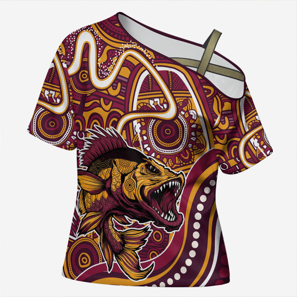 Aboriginal Barramundi Fishing Fear What Lurks Below Cross Shoulder Shirt Indigenous Australian Dot Predatory Fish