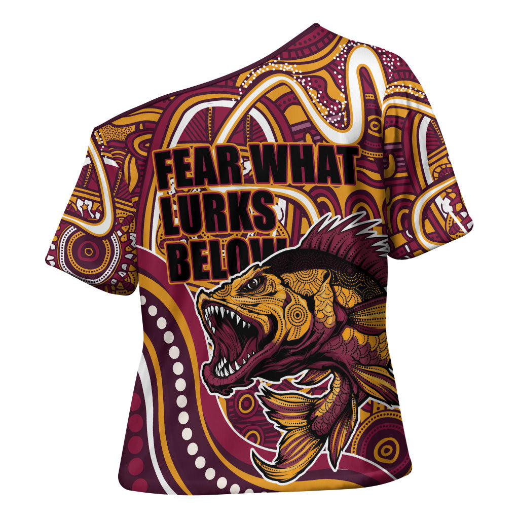 Aboriginal Barramundi Fishing Fear What Lurks Below Cross Shoulder Shirt Indigenous Australian Dot Predatory Fish