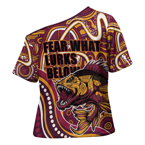 Aboriginal Barramundi Fishing Fear What Lurks Below Cross Shoulder Shirt Indigenous Australian Dot Predatory Fish