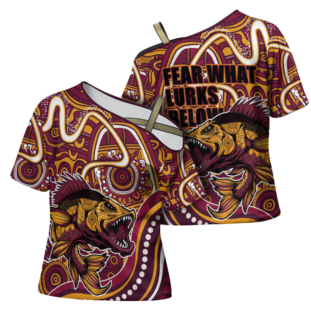 Aboriginal Barramundi Fishing Fear What Lurks Below Cross Shoulder Shirt Indigenous Australian Dot Predatory Fish