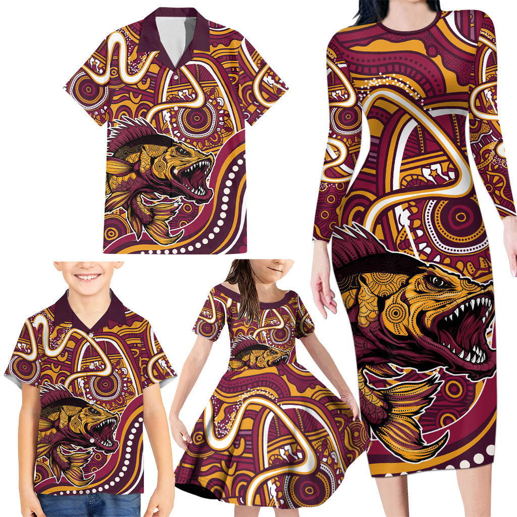 Aboriginal Barramundi Fishing Fear What Lurks Below Family Matching Long Sleeve Bodycon Dress and Hawaiian Shirt Indigenous Australian Dot Predatory Fish