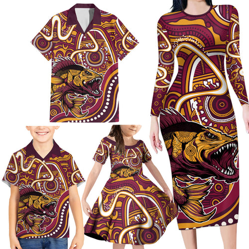 Aboriginal Barramundi Fishing Fear What Lurks Below Family Matching Long Sleeve Bodycon Dress and Hawaiian Shirt Indigenous Australian Dot Predatory Fish