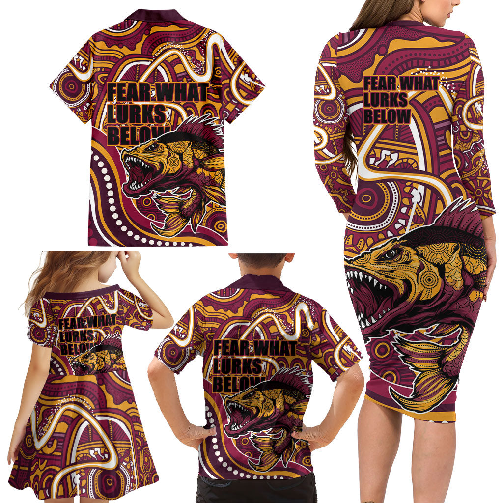 Aboriginal Barramundi Fishing Fear What Lurks Below Family Matching Long Sleeve Bodycon Dress and Hawaiian Shirt Indigenous Australian Dot Predatory Fish