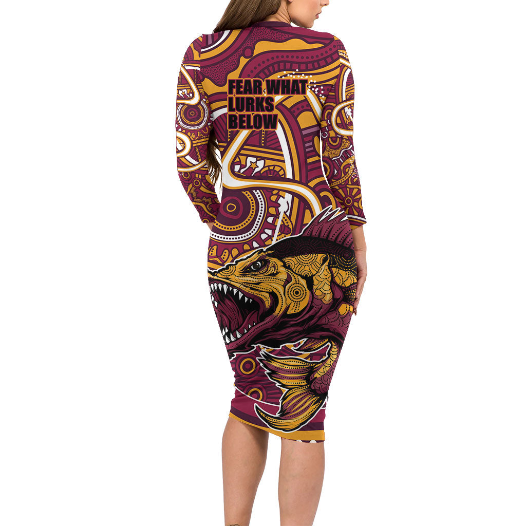 Aboriginal Barramundi Fishing Fear What Lurks Below Family Matching Long Sleeve Bodycon Dress and Hawaiian Shirt Indigenous Australian Dot Predatory Fish