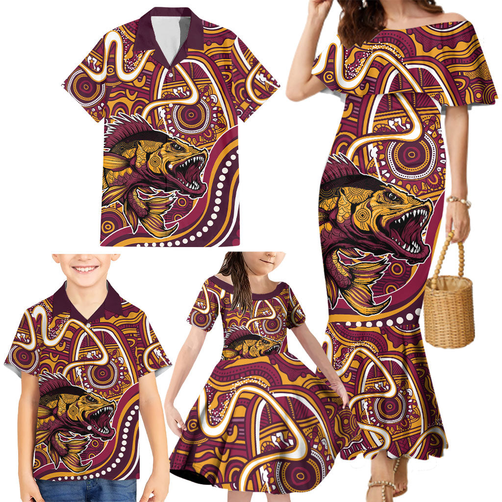 Aboriginal Barramundi Fishing Fear What Lurks Below Family Matching Mermaid Dress and Hawaiian Shirt Indigenous Australian Dot Predatory Fish