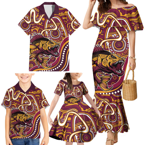 Aboriginal Barramundi Fishing Fear What Lurks Below Family Matching Mermaid Dress and Hawaiian Shirt Indigenous Australian Dot Predatory Fish