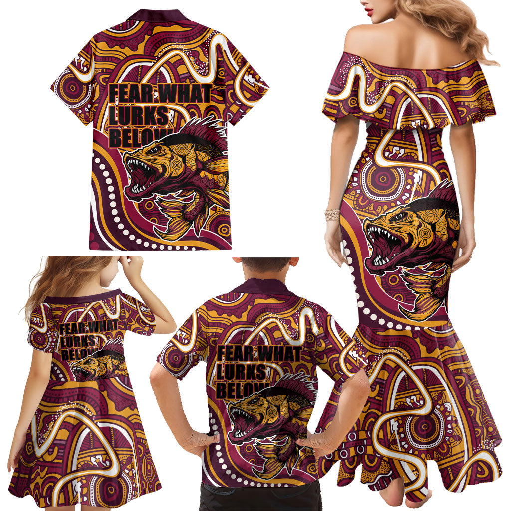 Aboriginal Barramundi Fishing Fear What Lurks Below Family Matching Mermaid Dress and Hawaiian Shirt Indigenous Australian Dot Predatory Fish