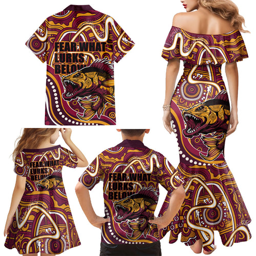 Aboriginal Barramundi Fishing Fear What Lurks Below Family Matching Mermaid Dress and Hawaiian Shirt Indigenous Australian Dot Predatory Fish