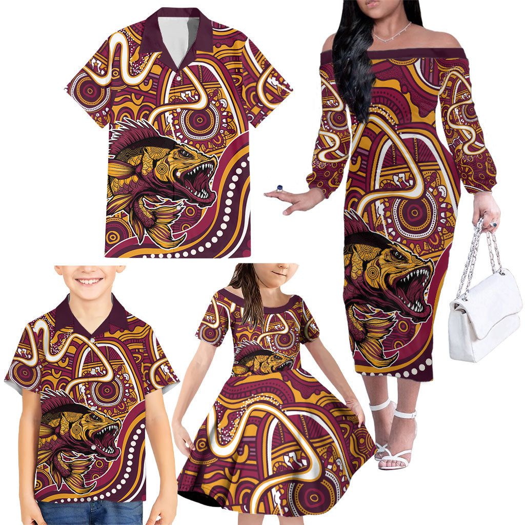 Aboriginal Barramundi Fishing Fear What Lurks Below Family Matching Off The Shoulder Long Sleeve Dress and Hawaiian Shirt Indigenous Australian Dot Predatory Fish