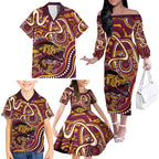 Aboriginal Barramundi Fishing Fear What Lurks Below Family Matching Off The Shoulder Long Sleeve Dress and Hawaiian Shirt Indigenous Australian Dot Predatory Fish