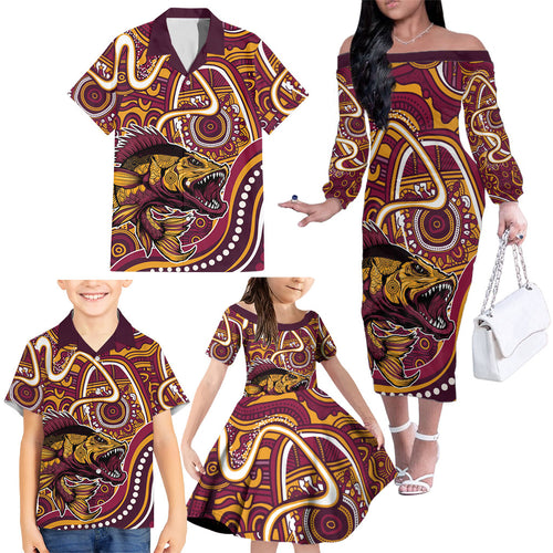 Aboriginal Barramundi Fishing Fear What Lurks Below Family Matching Off The Shoulder Long Sleeve Dress and Hawaiian Shirt Indigenous Australian Dot Predatory Fish