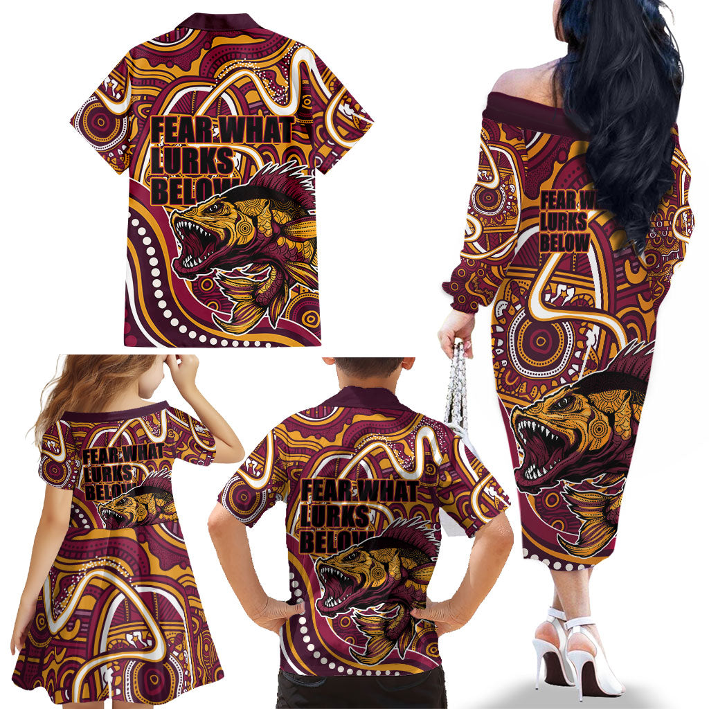 Aboriginal Barramundi Fishing Fear What Lurks Below Family Matching Off The Shoulder Long Sleeve Dress and Hawaiian Shirt Indigenous Australian Dot Predatory Fish