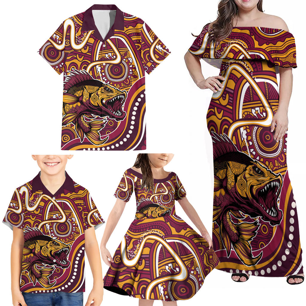 Aboriginal Barramundi Fishing Fear What Lurks Below Family Matching Off Shoulder Maxi Dress and Hawaiian Shirt Indigenous Australian Dot Predatory Fish
