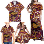 Aboriginal Barramundi Fishing Fear What Lurks Below Family Matching Off Shoulder Maxi Dress and Hawaiian Shirt Indigenous Australian Dot Predatory Fish