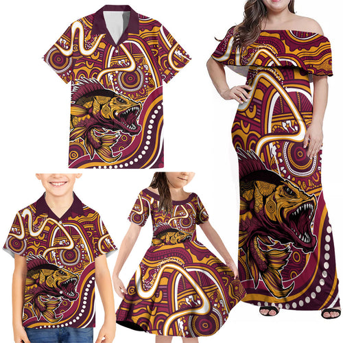 Aboriginal Barramundi Fishing Fear What Lurks Below Family Matching Off Shoulder Maxi Dress and Hawaiian Shirt Indigenous Australian Dot Predatory Fish