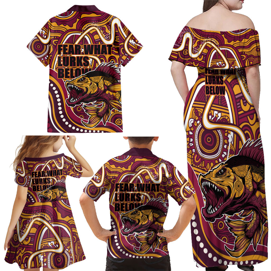 Aboriginal Barramundi Fishing Fear What Lurks Below Family Matching Off Shoulder Maxi Dress and Hawaiian Shirt Indigenous Australian Dot Predatory Fish