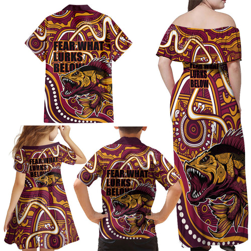 Aboriginal Barramundi Fishing Fear What Lurks Below Family Matching Off Shoulder Maxi Dress and Hawaiian Shirt Indigenous Australian Dot Predatory Fish