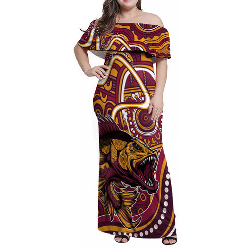 Aboriginal Barramundi Fishing Fear What Lurks Below Family Matching Off Shoulder Maxi Dress and Hawaiian Shirt Indigenous Australian Dot Predatory Fish