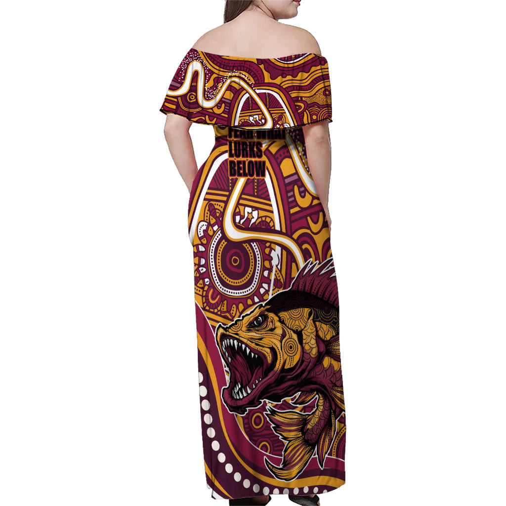 Aboriginal Barramundi Fishing Fear What Lurks Below Family Matching Off Shoulder Maxi Dress and Hawaiian Shirt Indigenous Australian Dot Predatory Fish