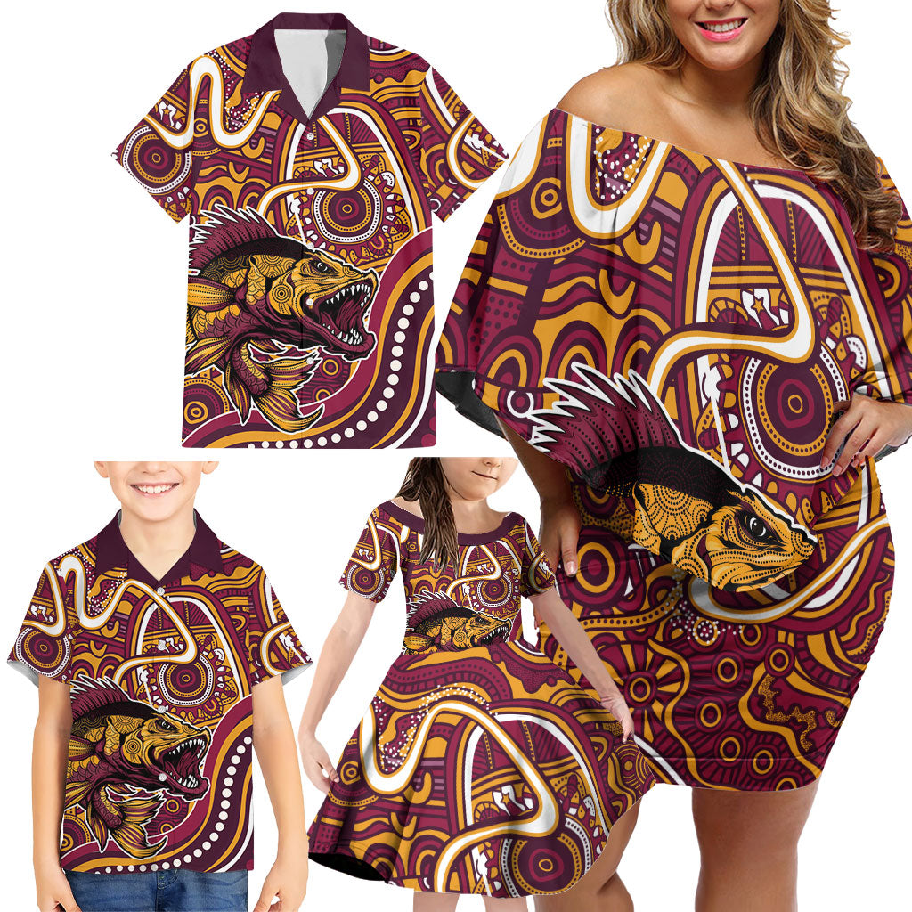 Aboriginal Barramundi Fishing Fear What Lurks Below Family Matching Off Shoulder Short Dress and Hawaiian Shirt Indigenous Australian Dot Predatory Fish