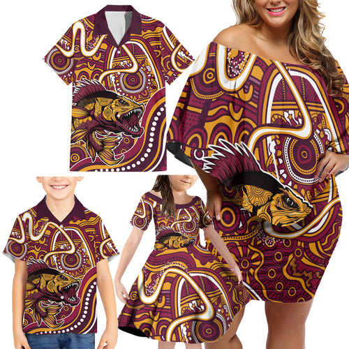 Aboriginal Barramundi Fishing Fear What Lurks Below Family Matching Off Shoulder Short Dress and Hawaiian Shirt Indigenous Australian Dot Predatory Fish