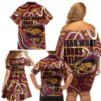 Aboriginal Barramundi Fishing Fear What Lurks Below Family Matching Off Shoulder Short Dress and Hawaiian Shirt Indigenous Australian Dot Predatory Fish
