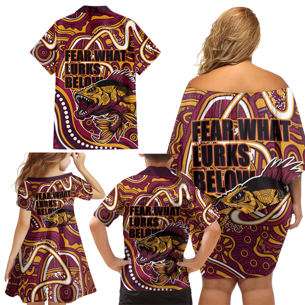 Aboriginal Barramundi Fishing Fear What Lurks Below Family Matching Off Shoulder Short Dress and Hawaiian Shirt Indigenous Australian Dot Predatory Fish