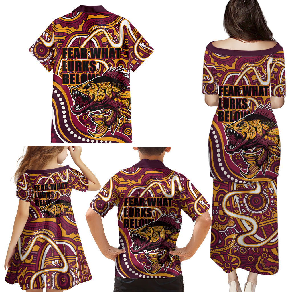 Aboriginal Barramundi Fishing Fear What Lurks Below Family Matching Puletasi and Hawaiian Shirt Indigenous Australian Dot Predatory Fish