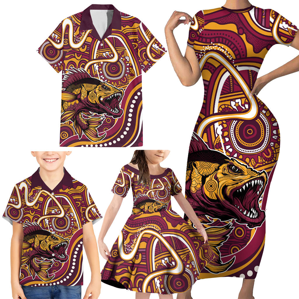 Aboriginal Barramundi Fishing Fear What Lurks Below Family Matching Short Sleeve Bodycon Dress and Hawaiian Shirt Indigenous Australian Dot Predatory Fish