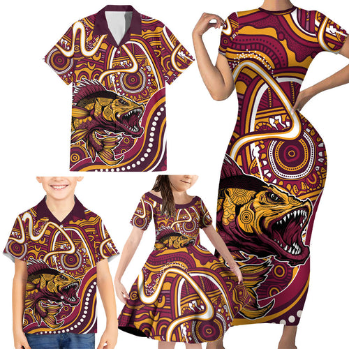 Aboriginal Barramundi Fishing Fear What Lurks Below Family Matching Short Sleeve Bodycon Dress and Hawaiian Shirt Indigenous Australian Dot Predatory Fish