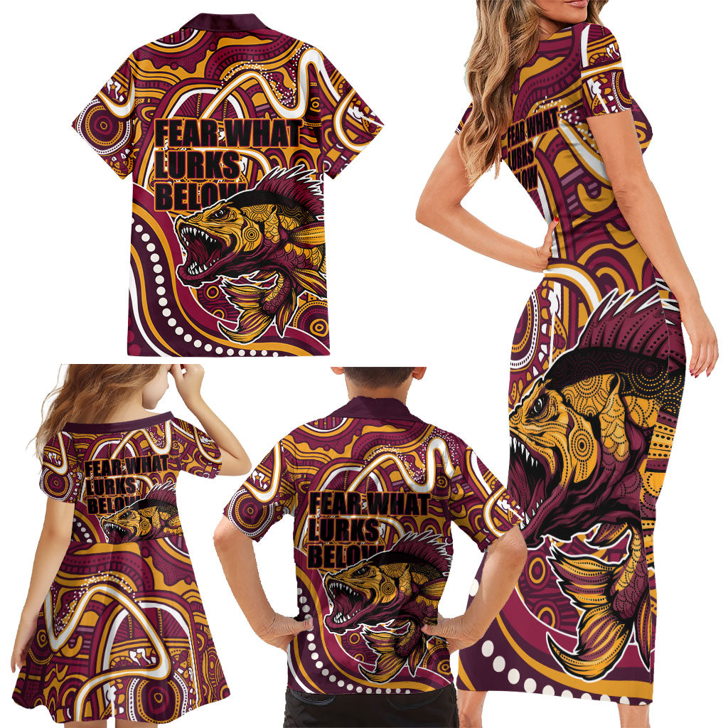 Aboriginal Barramundi Fishing Fear What Lurks Below Family Matching Short Sleeve Bodycon Dress and Hawaiian Shirt Indigenous Australian Dot Predatory Fish