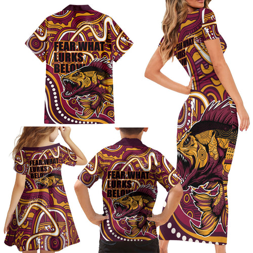 Aboriginal Barramundi Fishing Fear What Lurks Below Family Matching Short Sleeve Bodycon Dress and Hawaiian Shirt Indigenous Australian Dot Predatory Fish