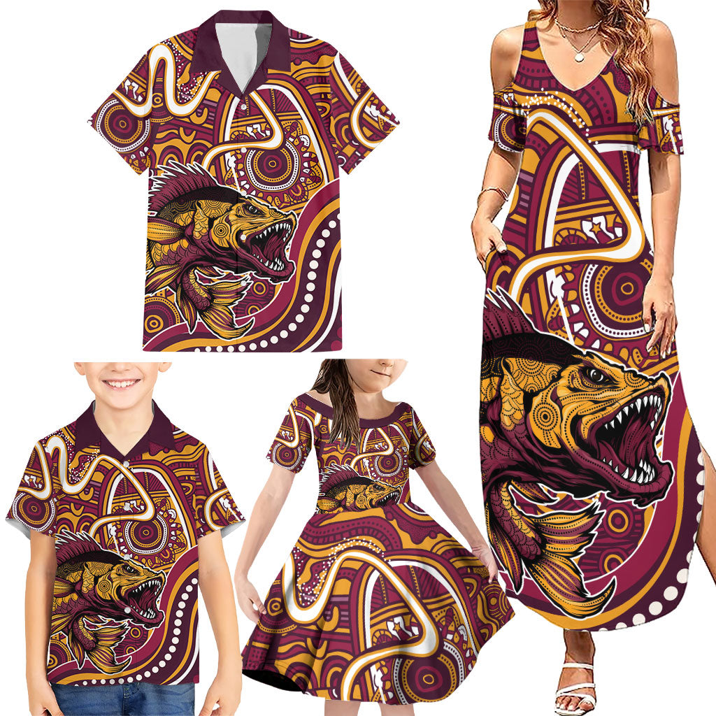 Aboriginal Barramundi Fishing Fear What Lurks Below Family Matching Summer Maxi Dress and Hawaiian Shirt Indigenous Australian Dot Predatory Fish