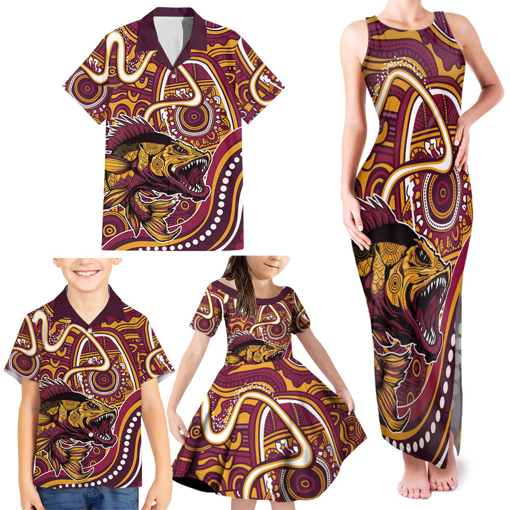 Aboriginal Barramundi Fishing Fear What Lurks Below Family Matching Tank Maxi Dress and Hawaiian Shirt Indigenous Australian Dot Predatory Fish