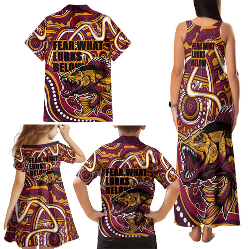 Aboriginal Barramundi Fishing Fear What Lurks Below Family Matching Tank Maxi Dress and Hawaiian Shirt Indigenous Australian Dot Predatory Fish