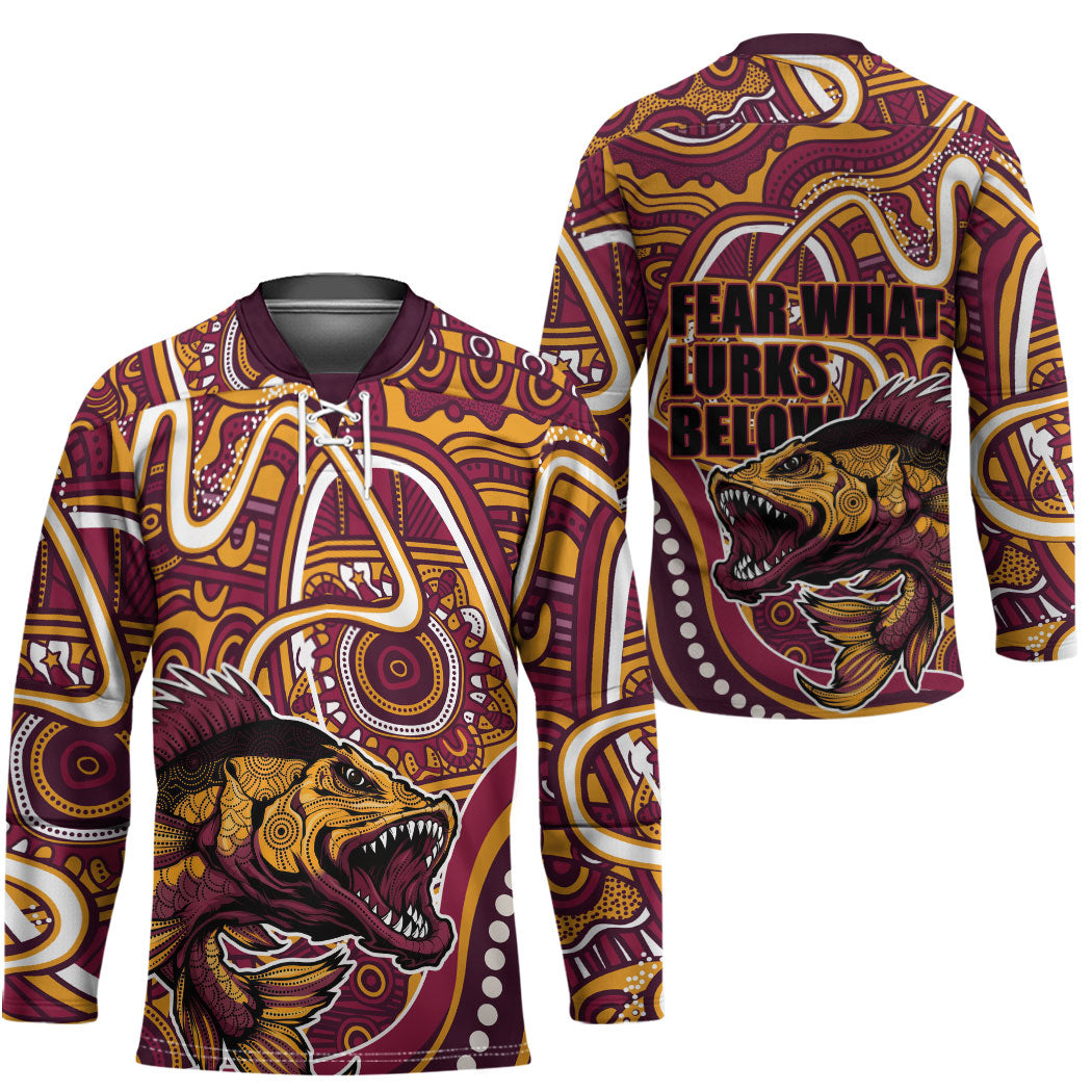 Aboriginal Barramundi Fishing Fear What Lurks Below Hockey Jersey Indigenous Australian Dot Predatory Fish