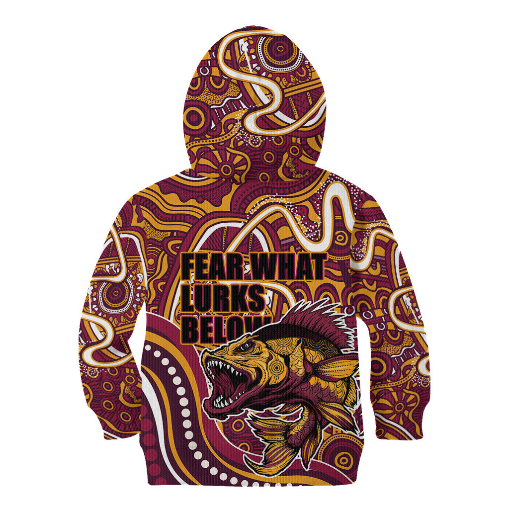Aboriginal Barramundi Fishing Fear What Lurks Below Kid Hoodie Indigenous Australian Dot Predatory Fish
