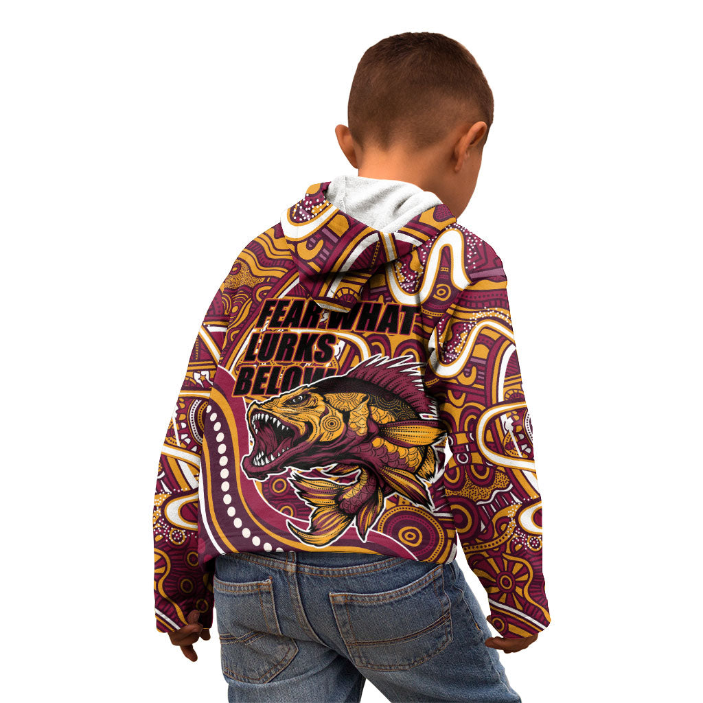 Aboriginal Barramundi Fishing Fear What Lurks Below Kid Hoodie Indigenous Australian Dot Predatory Fish