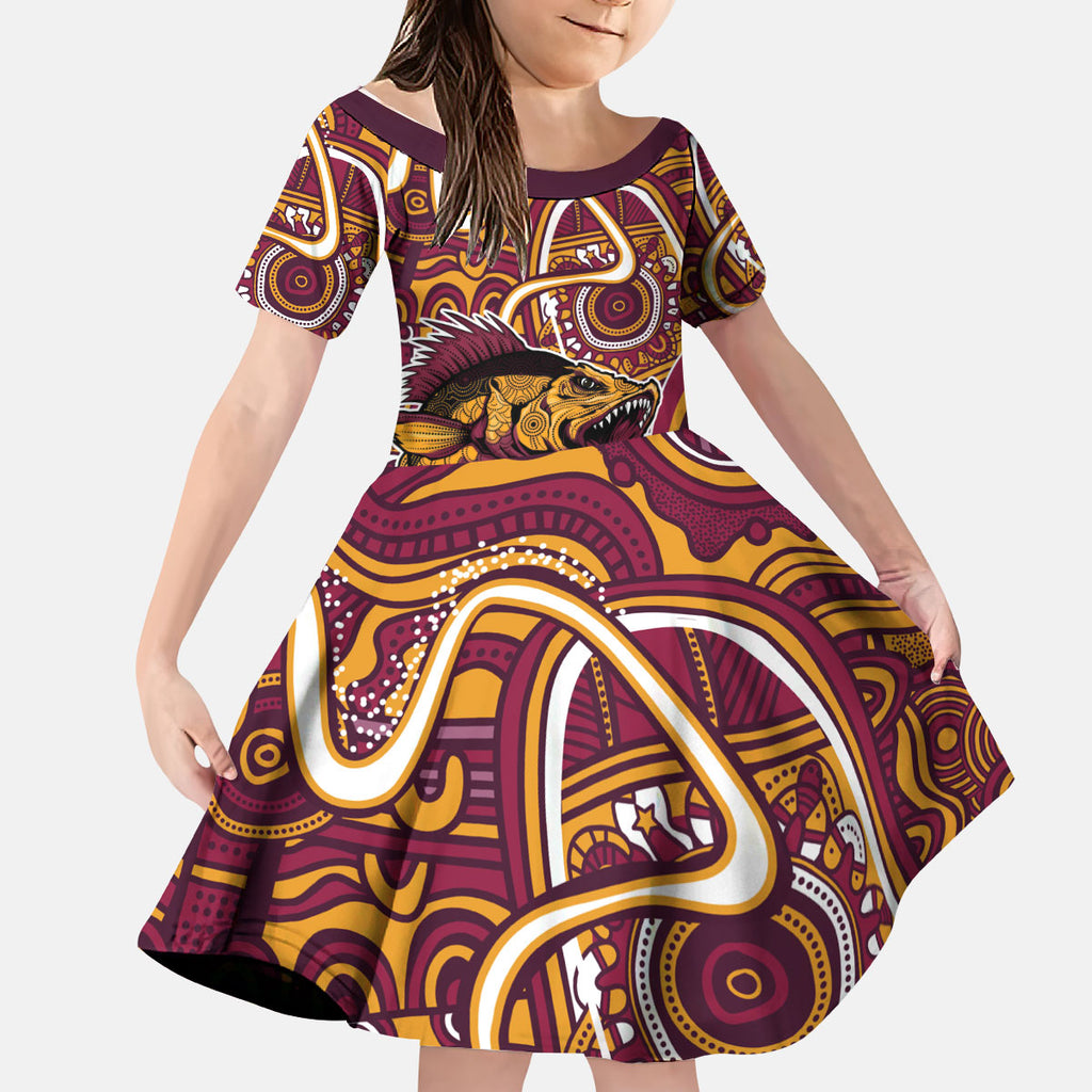 Aboriginal Barramundi Fishing Fear What Lurks Below Kid Short Sleeve Dress Indigenous Australian Dot Predatory Fish