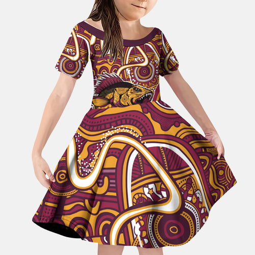 Aboriginal Barramundi Fishing Fear What Lurks Below Kid Short Sleeve Dress Indigenous Australian Dot Predatory Fish