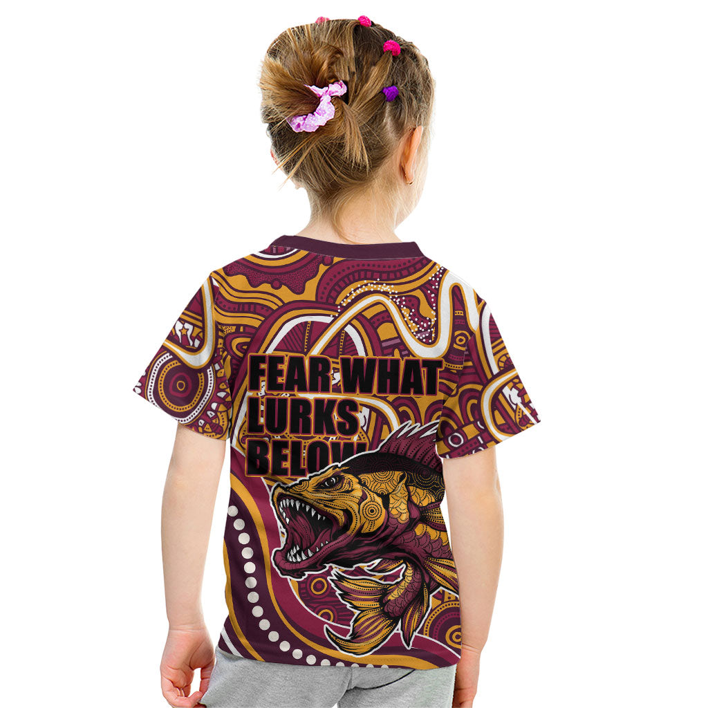 Aboriginal Barramundi Fishing Fear What Lurks Below Kid T Shirt Indigenous Australian Dot Predatory Fish