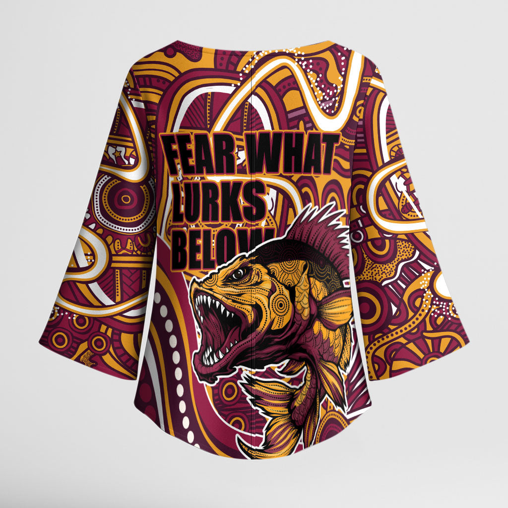 Aboriginal Barramundi Fishing Fear What Lurks Below Kimono Sleeve Blouse Indigenous Australian Dot Predatory Fish