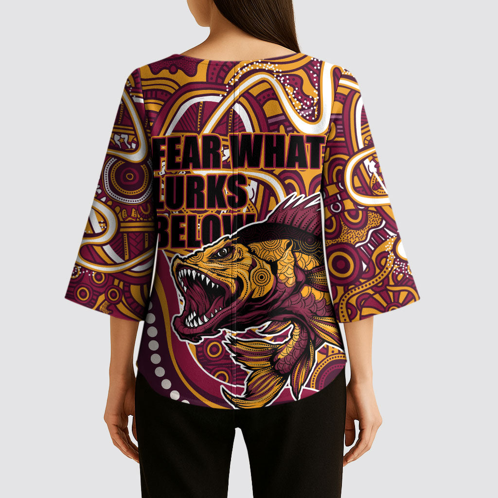Aboriginal Barramundi Fishing Fear What Lurks Below Kimono Sleeve Blouse Indigenous Australian Dot Predatory Fish