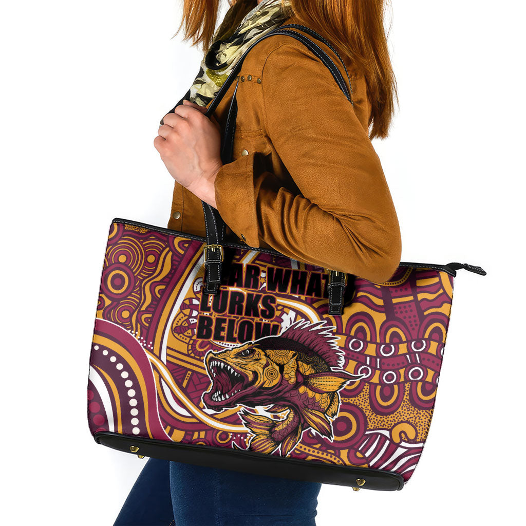 Aboriginal Barramundi Fishing Fear What Lurks Below Leather Tote Bag Indigenous Australian Dot Predatory Fish