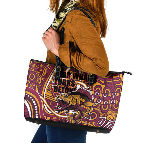 Aboriginal Barramundi Fishing Fear What Lurks Below Leather Tote Bag Indigenous Australian Dot Predatory Fish