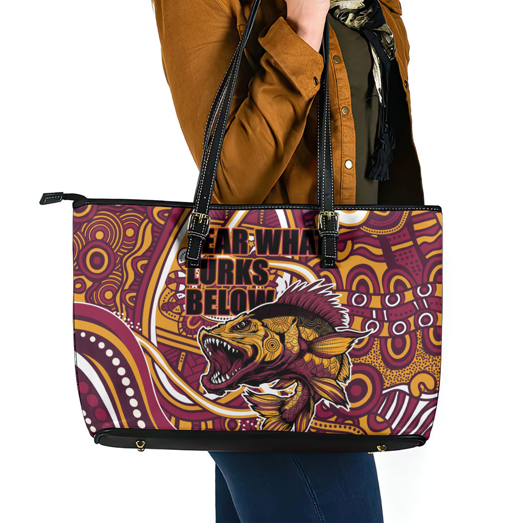 Aboriginal Barramundi Fishing Fear What Lurks Below Leather Tote Bag Indigenous Australian Dot Predatory Fish