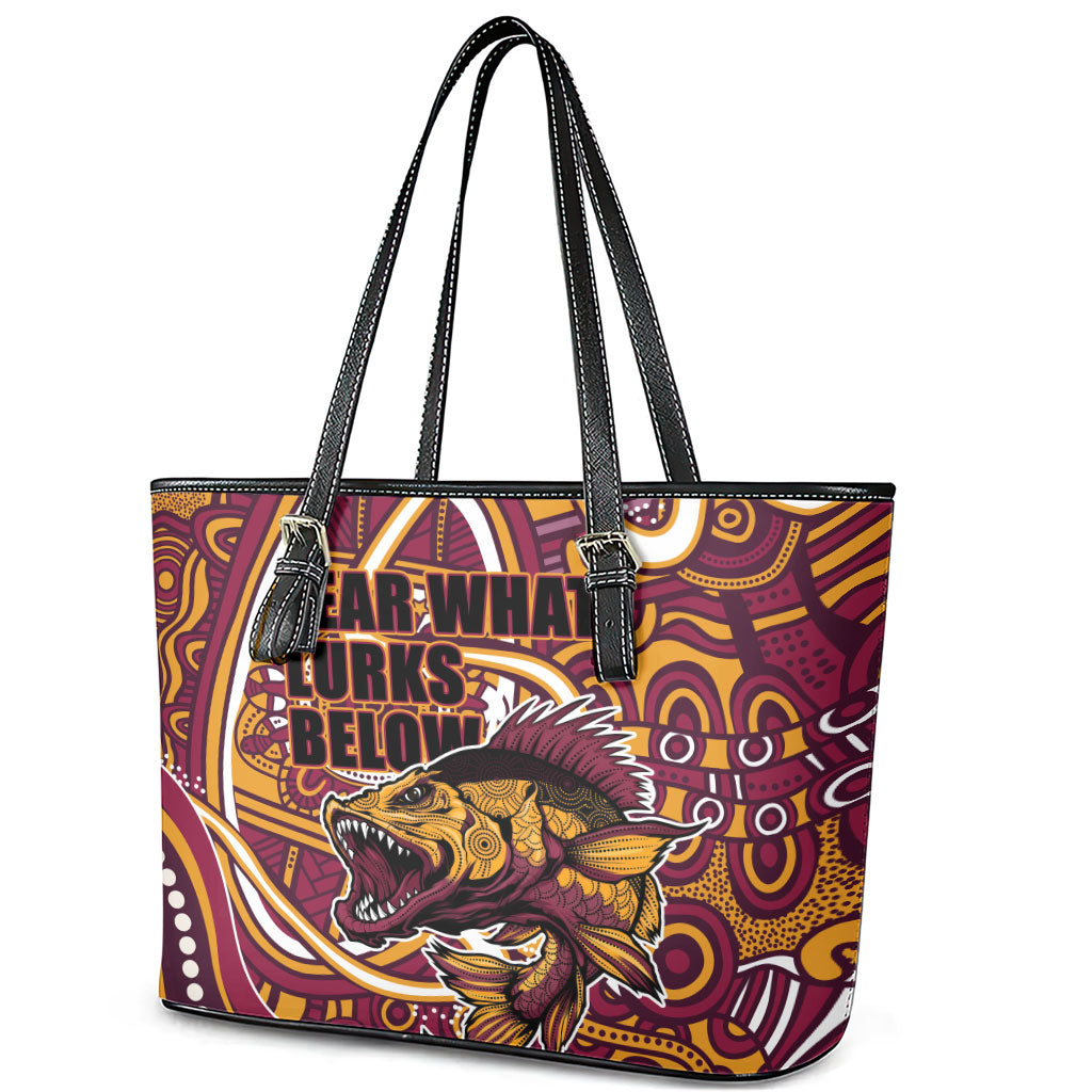 Aboriginal Barramundi Fishing Fear What Lurks Below Leather Tote Bag Indigenous Australian Dot Predatory Fish